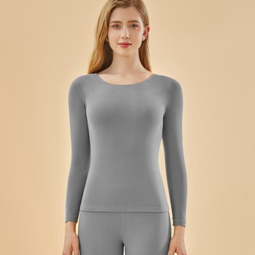 Seamless Solid Thermal Underwear Set, Long Sleeve Crew Neck Tops & Pants, Women's Loungewear & Underwear